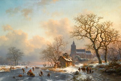 A Winter Landscape with Skaters on a Frozen River by Fredrik Marinus Kruseman